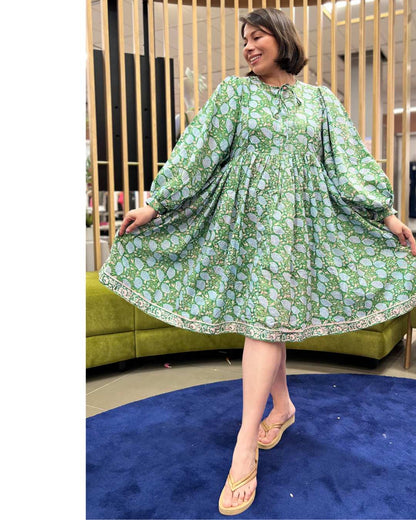 Block Print Oversized Balloon Sleeve Dress