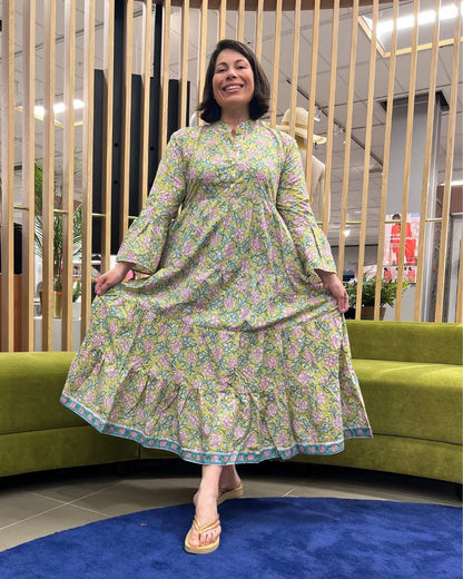 Jemima Floral Block Print Cotton Maxi Dress with Bell Sleeves