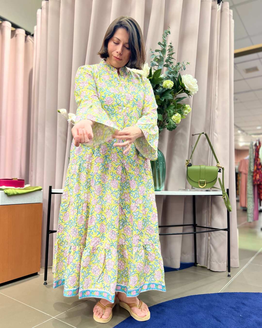 Jemima Floral Block Print Cotton Maxi Dress with Bell Sleeves