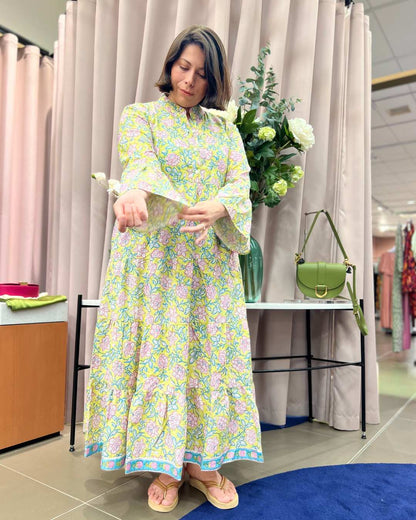 Jemima Floral Block Print Cotton Maxi Dress with Bell Sleeves