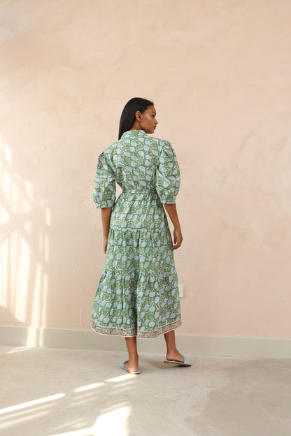 Printed Cotton Half Sleeve Collar Maxi Dress