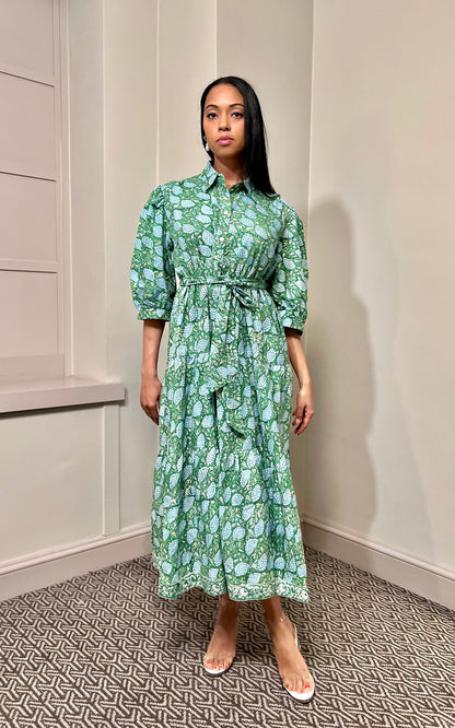 Rachel Block Print Shirt Collar Cotton Midi Dress