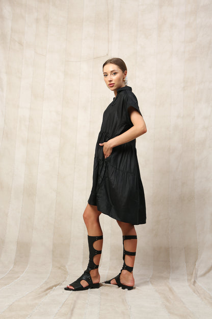 Onyx Silk Short Sleeve Midi Dress