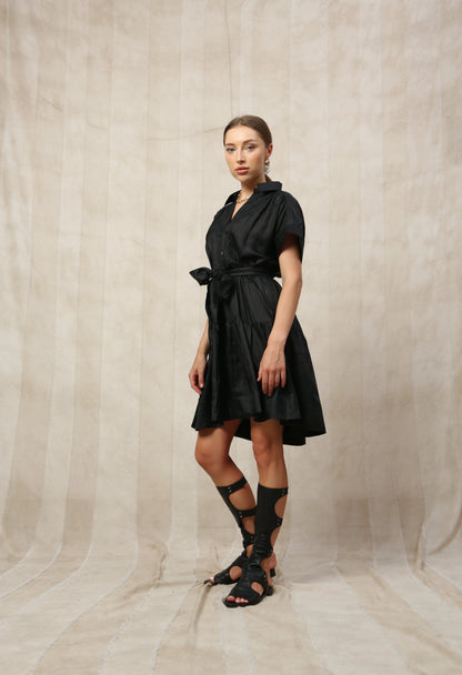 Onyx Silk Short Sleeve Midi Dress