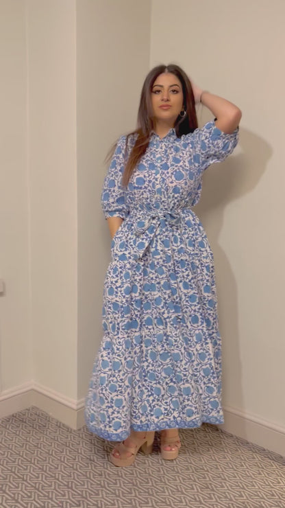 Printed Cotton Half Sleeve Collar Maxi Dress