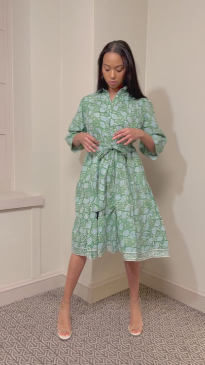 Block Print Cotton Midi Dress With Sleeves