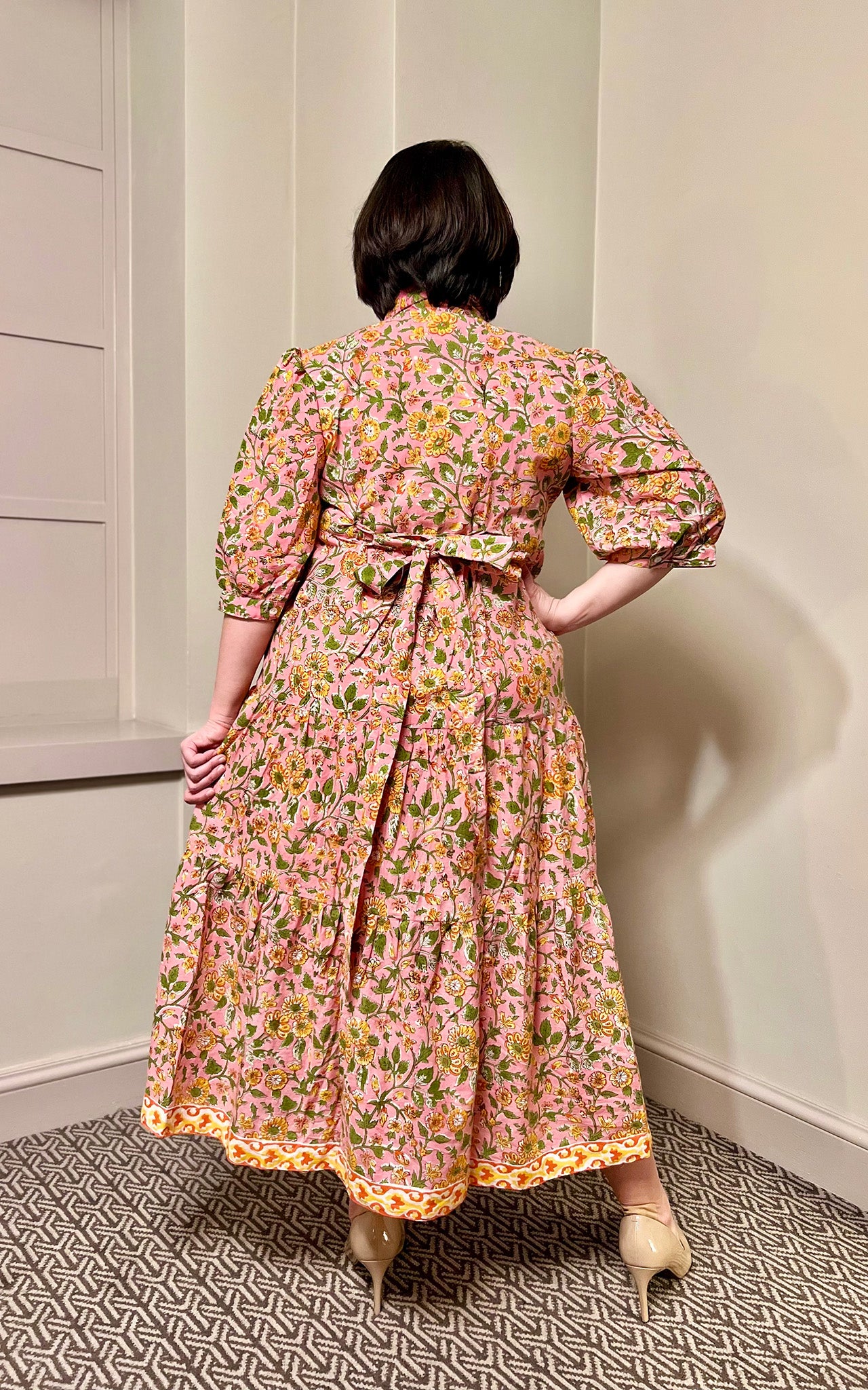 Emma Block Print Shirt Collar Cotton Midi Dress