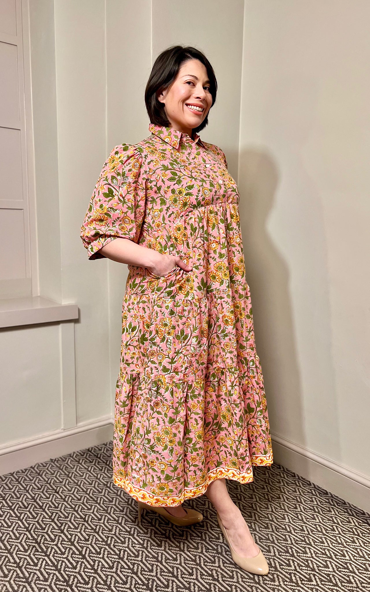 Emma Block Print Shirt Collar Cotton Midi Dress