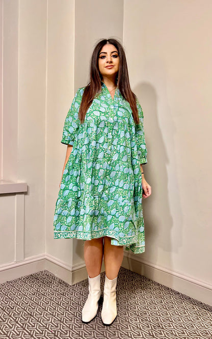 Block Print Cotton Midi Dress With Sleeves