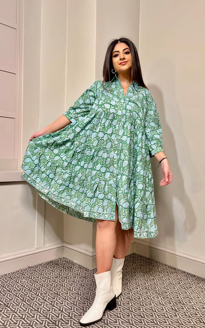 Block Print Cotton Midi Dress With Sleeves