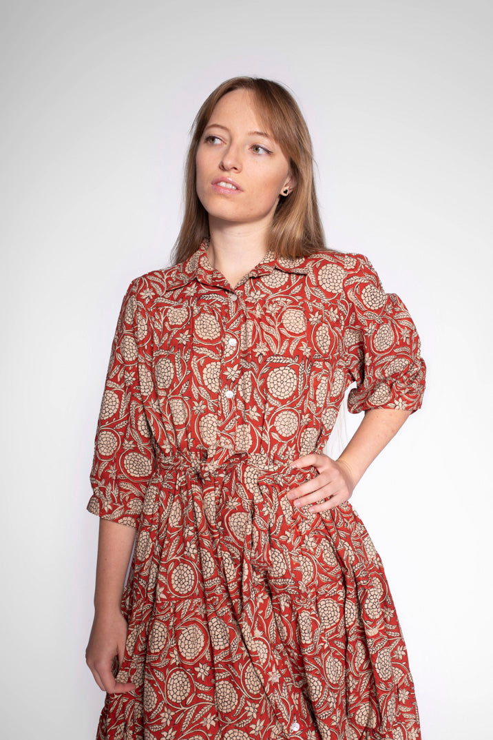 Red Block Print Cotton Maxi Dress With Sleeves