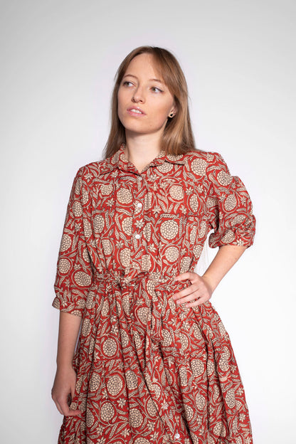 Red Block Print Cotton Maxi Dress With Sleeves