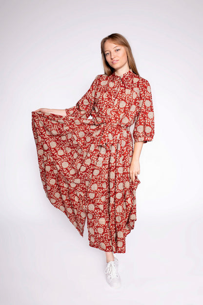 Red Block Print Cotton Maxi Dress With Sleeves