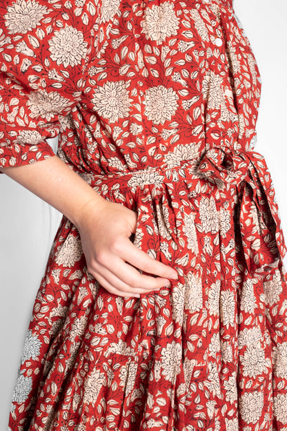 Red Block Print Cotton Maxi Dress With Sleeves