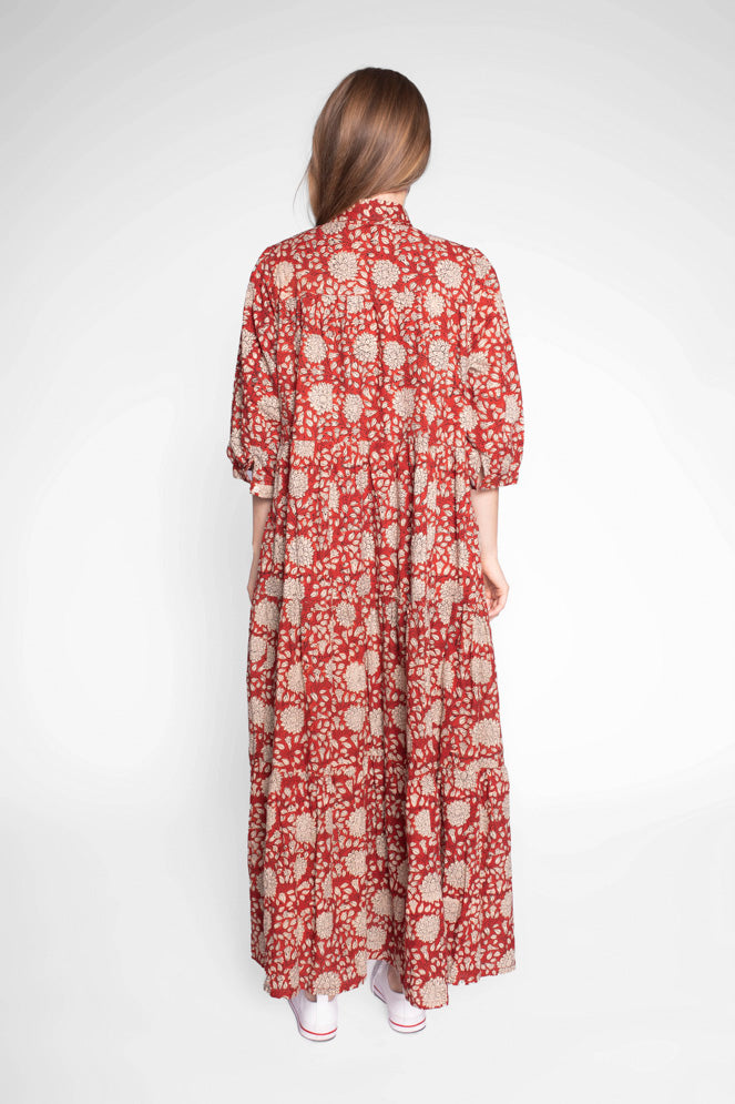 Red Block Print Cotton Maxi Dress With Sleeves