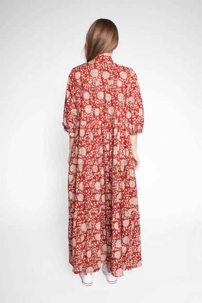 Red Block Print Cotton Maxi Dress With Sleeves