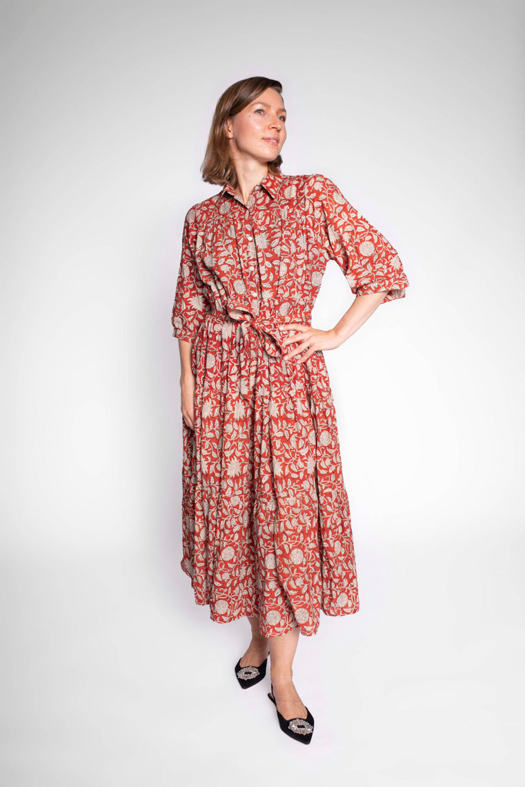 Red Block Print Cotton Maxi Dress With Sleeves