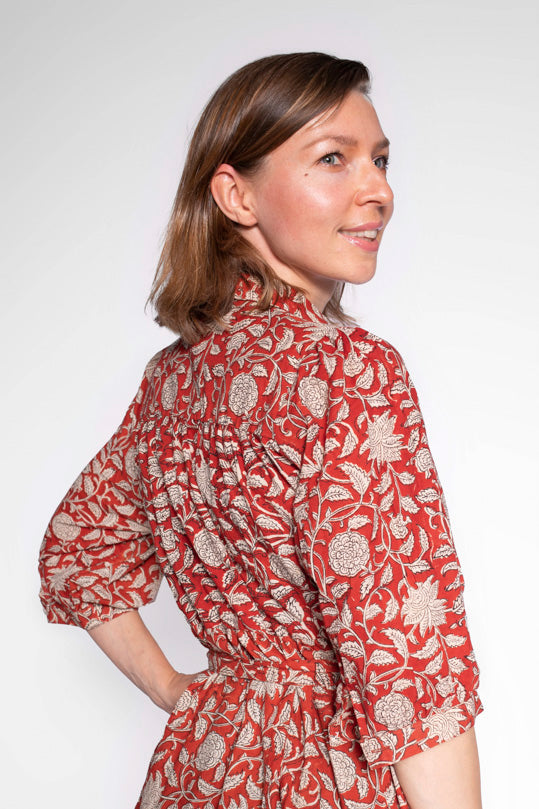 Red Block Print Cotton Maxi Dress With Sleeves
