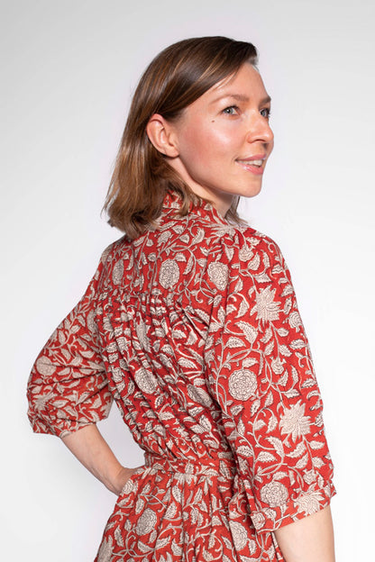 Red Block Print Cotton Maxi Dress With Sleeves