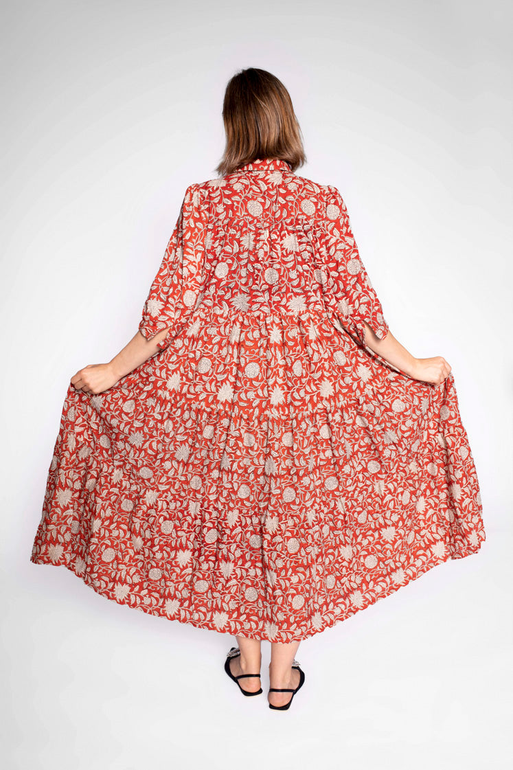 Red Block Print Cotton Maxi Dress With Sleeves