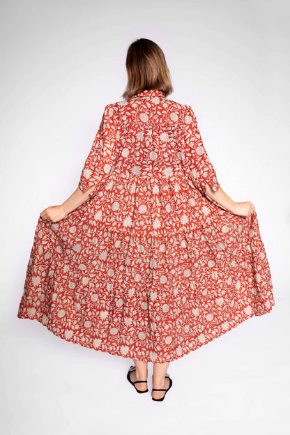 Red Block Print Cotton Maxi Dress With Sleeves