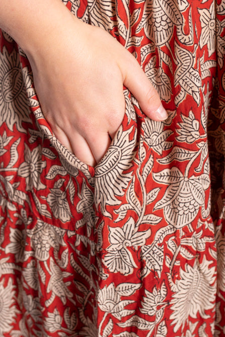 Red Block Print Cotton Maxi Dress With Sleeves