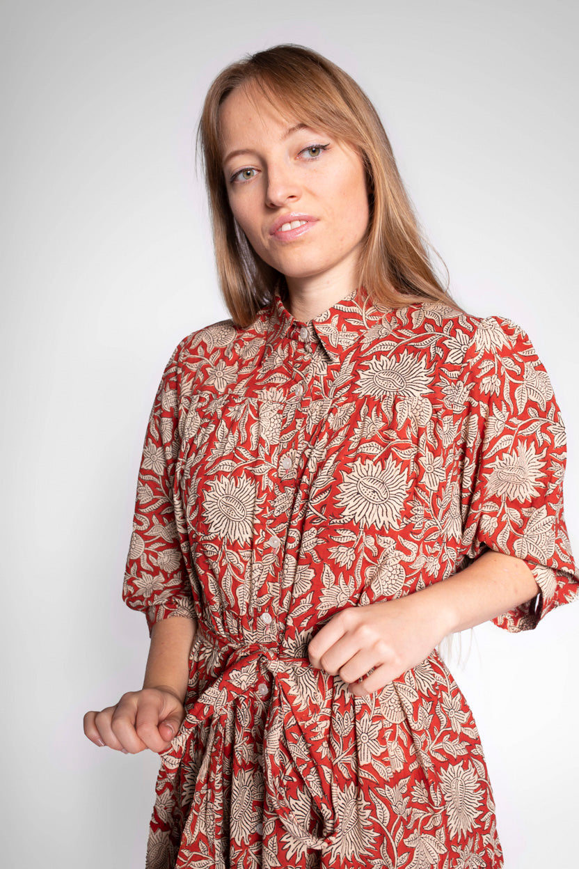 Red Block Print Cotton Maxi Dress With Sleeves