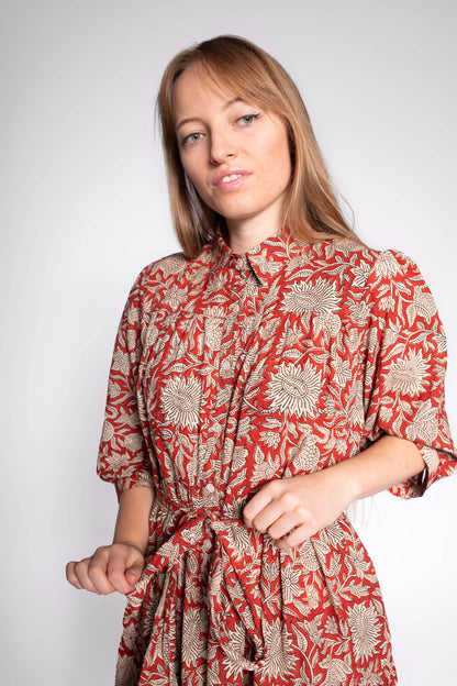 Red Block Print Cotton Maxi Dress With Sleeves