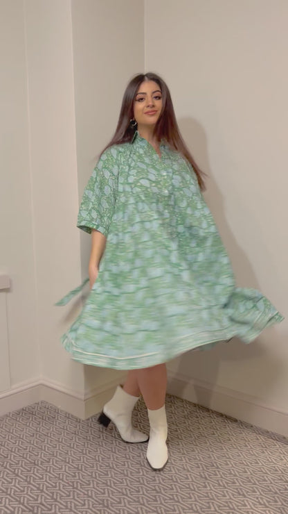 Block Print Cotton Midi Dress With Sleeves