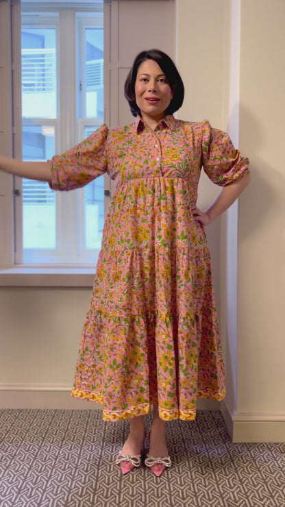 Emma Block Print Shirt Collar Cotton Midi Dress